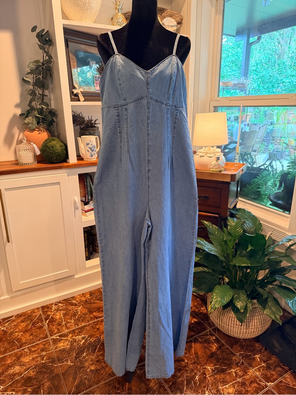Light Blue Wide-Leg Denim Jumpsuit with Spaghetti Straps - Picture 3 of 8